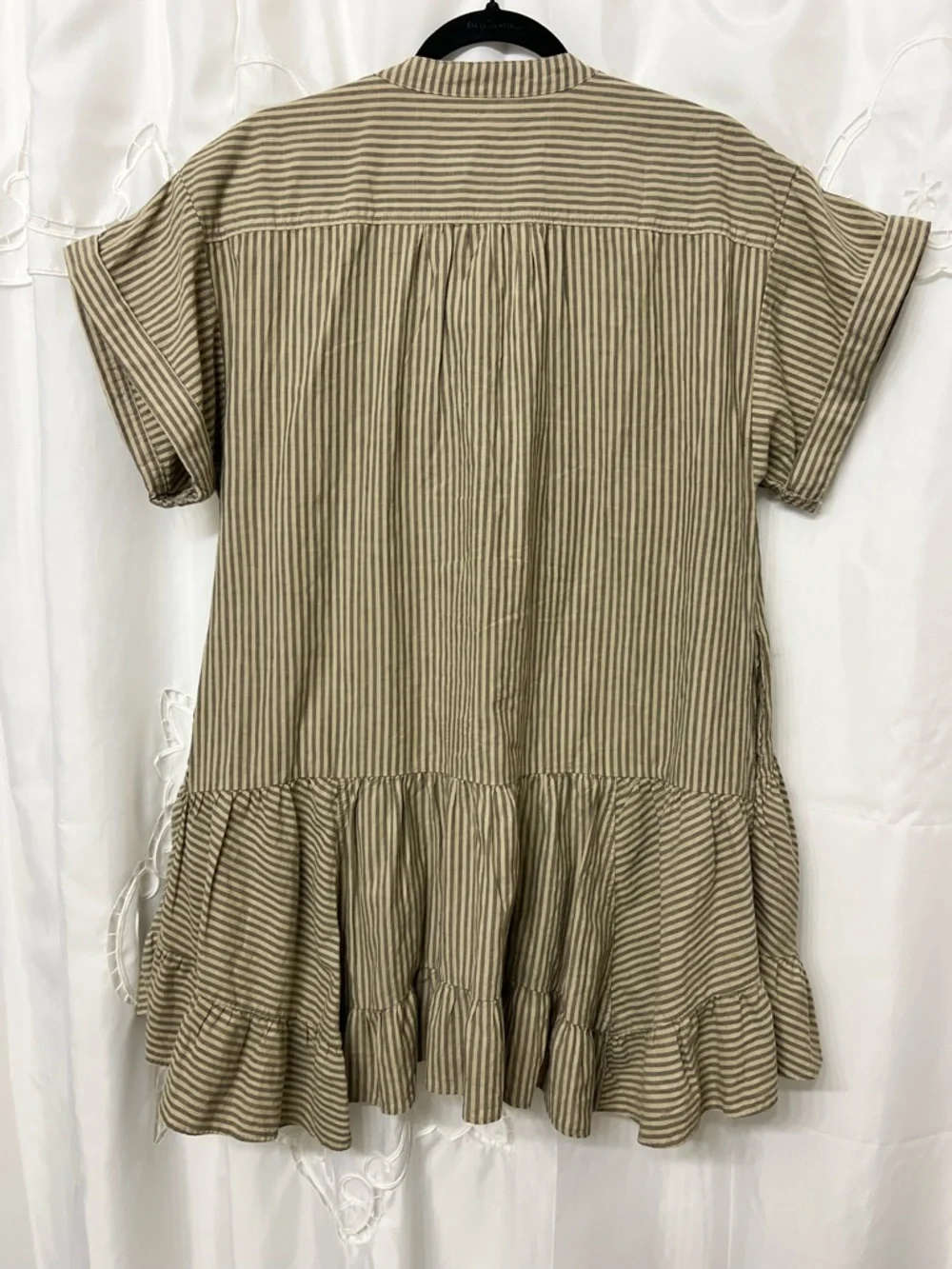 Free People NWOT Stripe Babydoll Mini Dress Tan Gray Linen Blend Oversized Small